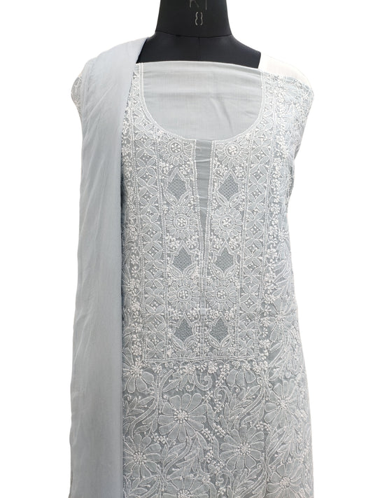 Shyamal Chikan Hand Embroidered Grey Cotton Lucknowi Chikankari Unstitched Suit Piece- S22543