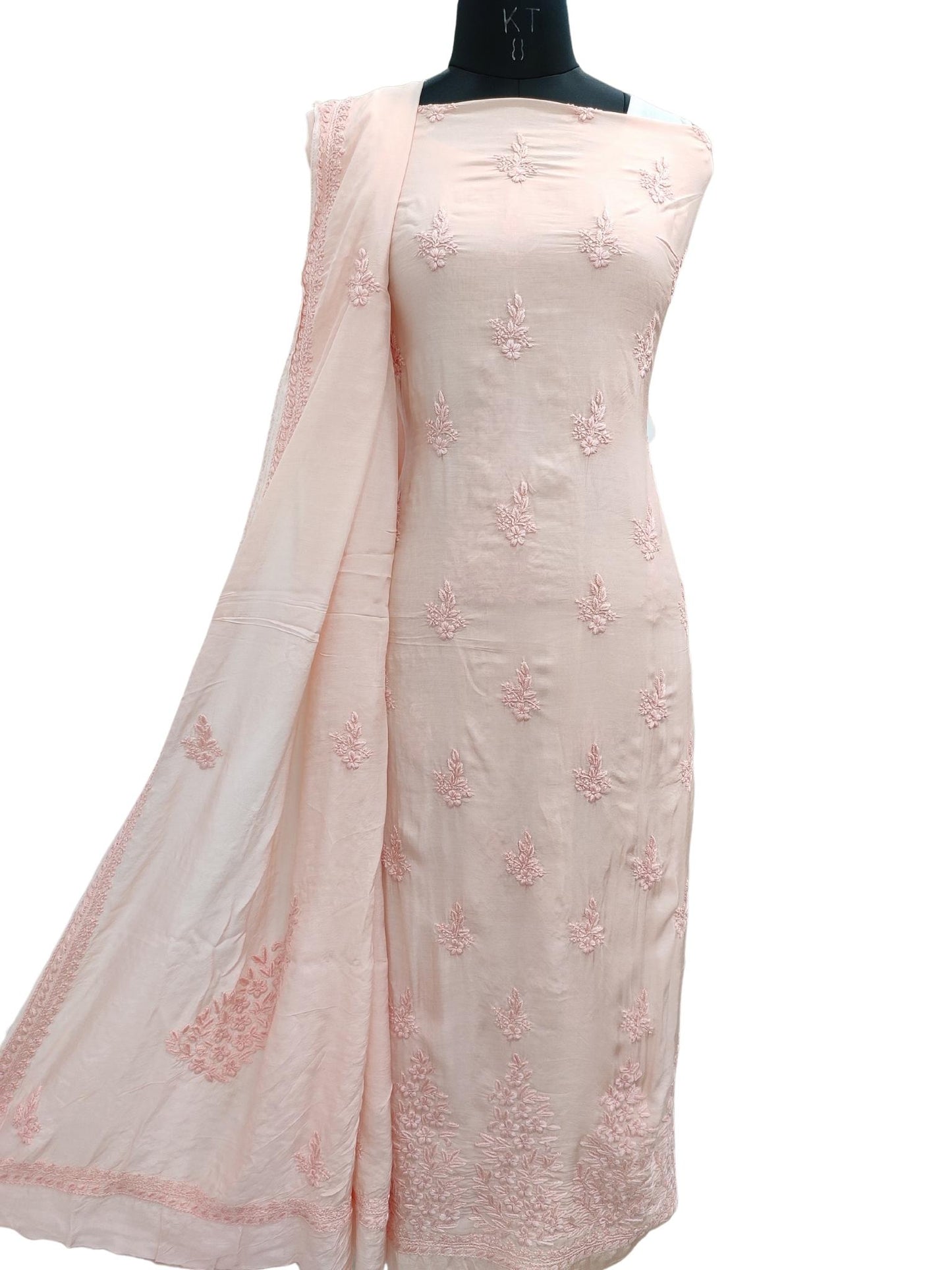 Shyamal Chikan Hand Embroidered Peach Muslin Lucknowi Chikankari Unstitched Suit Piece ( Set of 2 ) - S20478