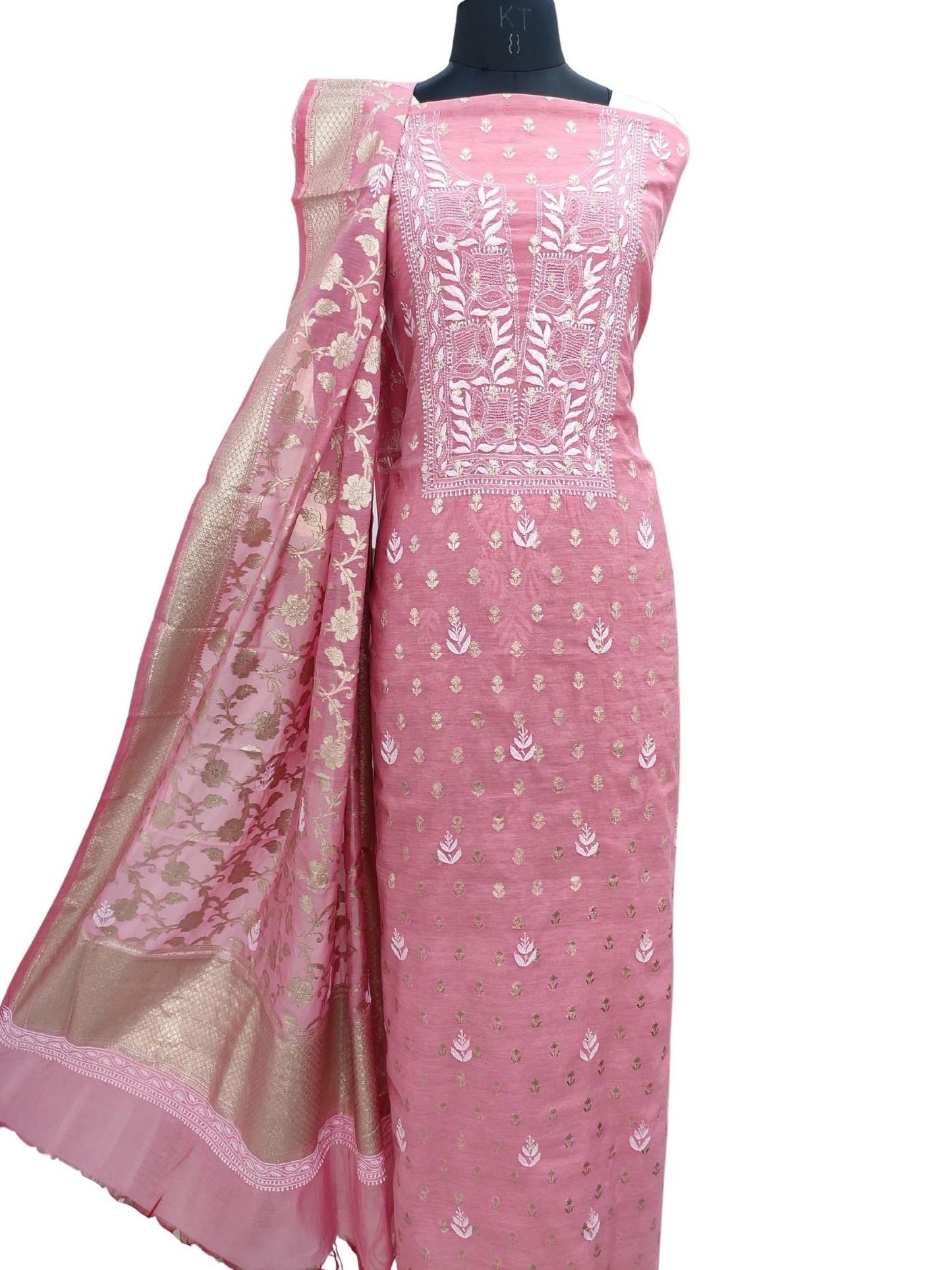 Shyamal Chikan Hand Embroidered Pink Chanderi Lucknowi Chikankari Unstitched Suit Piece ( Kurta Dupatta Set ) S20912