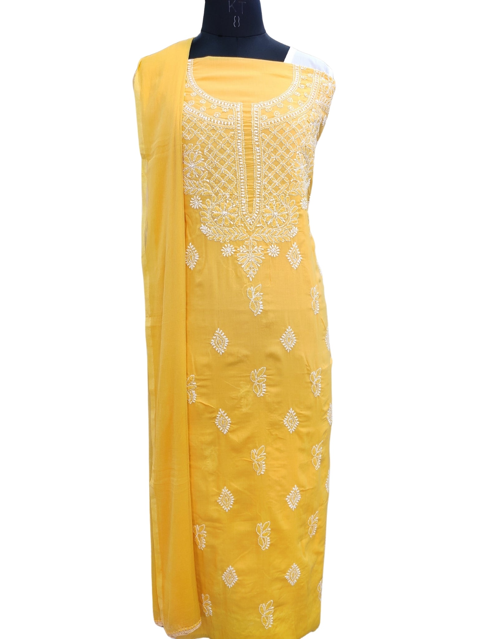 Shyamal Chikan Hand Embroidered Yellow Cotton Lucknowi Chikankari Unstitched Suit Piece 24164