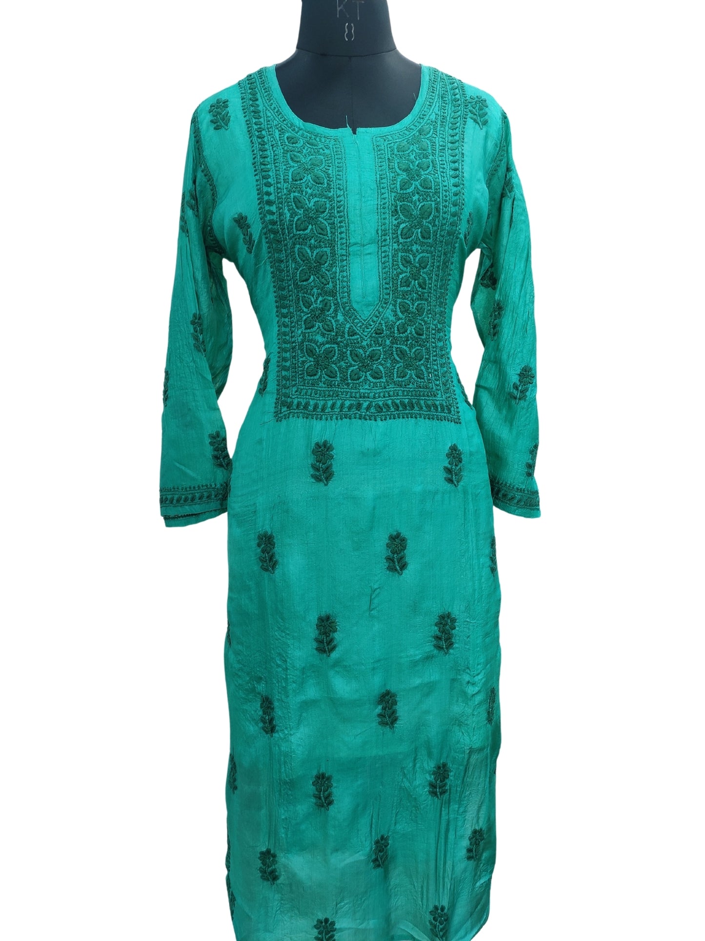 Shyamal Chikan Hand Embroidered Green Pure Tusser Silk Lucknowi Chikankari Kurti- S24397