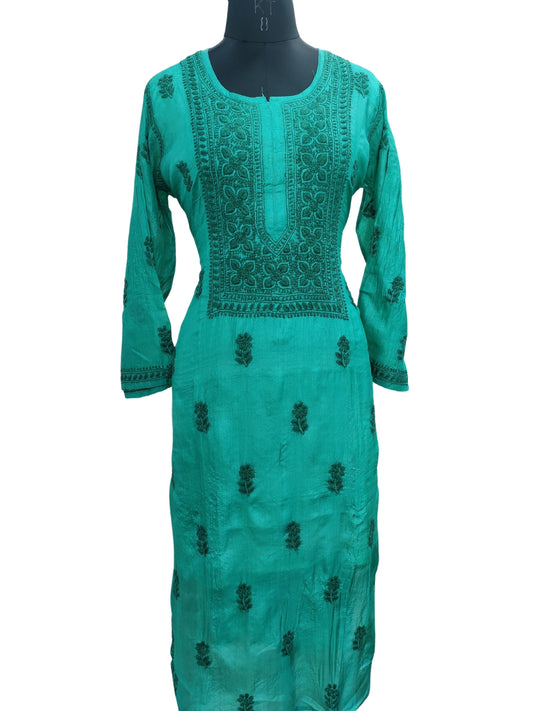 Shyamal Chikan Hand Embroidered Green Pure Tusser Silk Lucknowi Chikankari Kurti- S24397