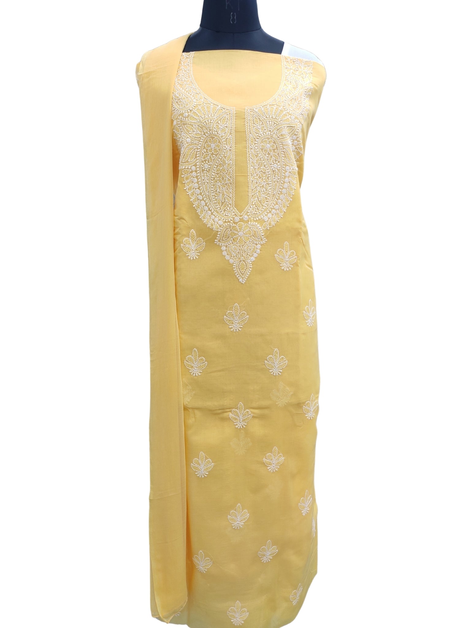 Shyamal Chikan Hand Embroidered Yellow Cotton Lucknowi Chikankari Unstitched Suit Piece - S24750