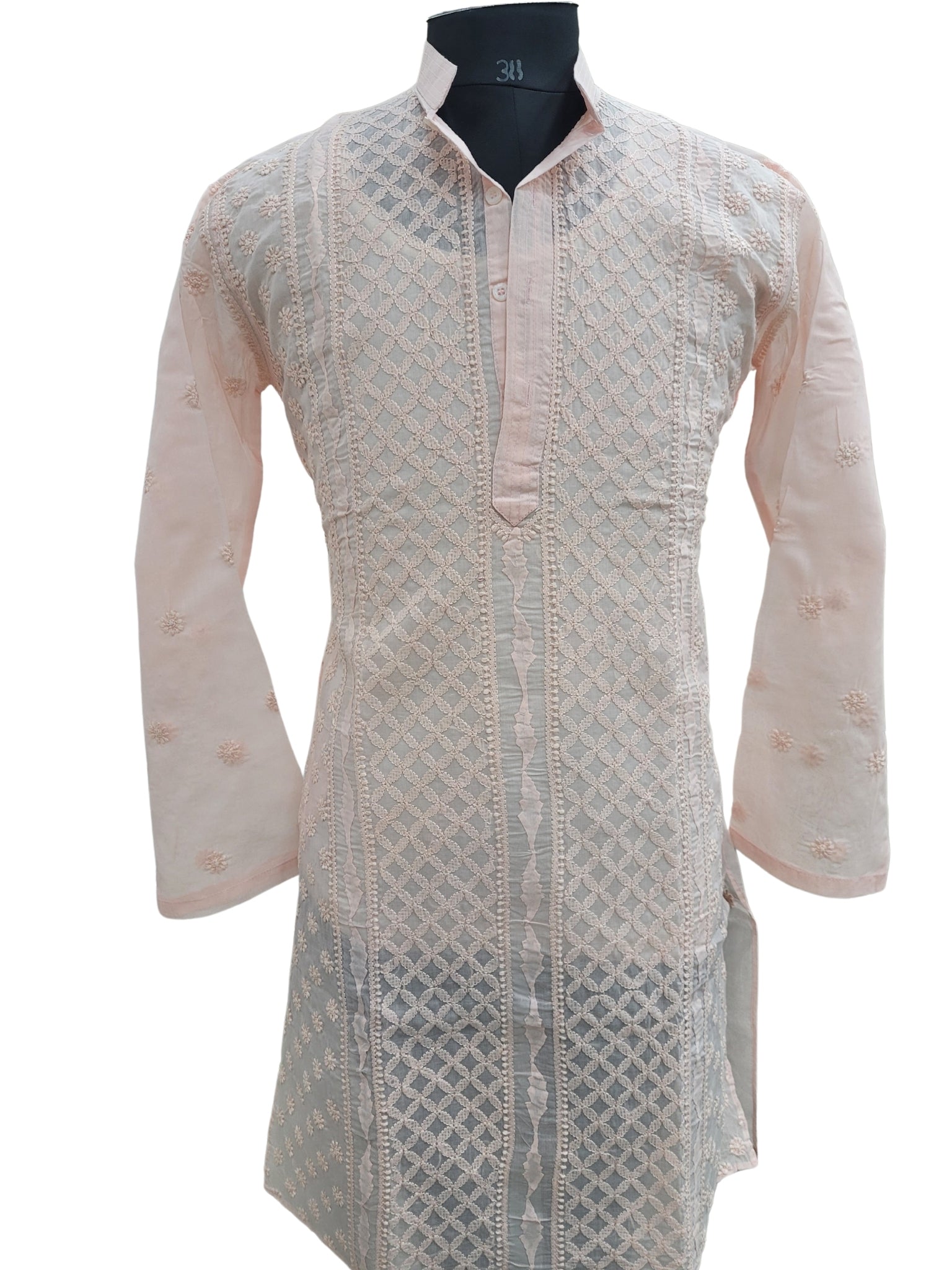 Shyamal Chikan Hand Embroidered Peach Cotton Lucknowi Chikankari Men's Kurta With Daraz Work S25008