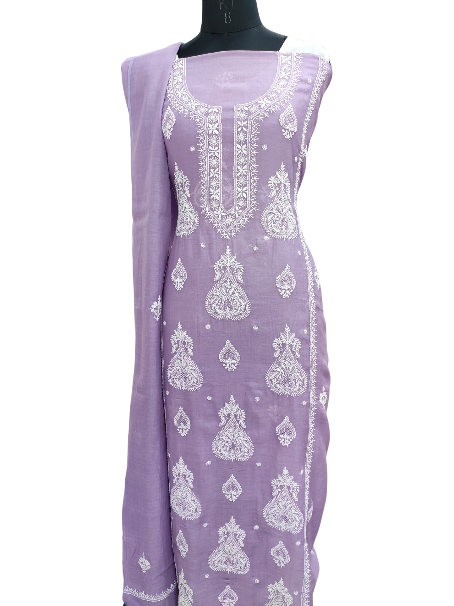 Shyamal Chikan Hand Embroidered Purple Mul Chanderi Lucknowi Chikankari Unstitched Suit Piece With Jaali Work (Kurta Dupatta Set) - S22874