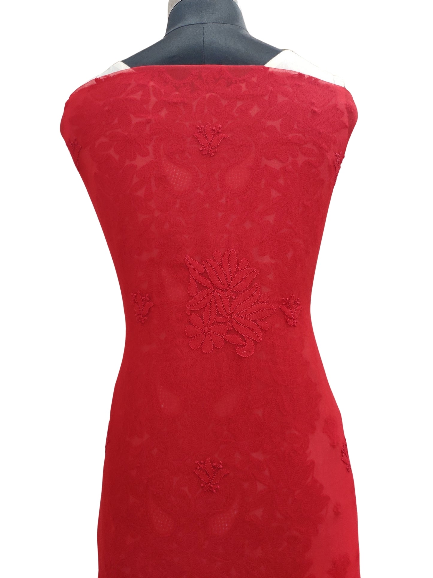 Shyamal Chikan Hand Embroidered Red Georgette Lucknowi Chikankari Unstitched Suit Piece - 24037