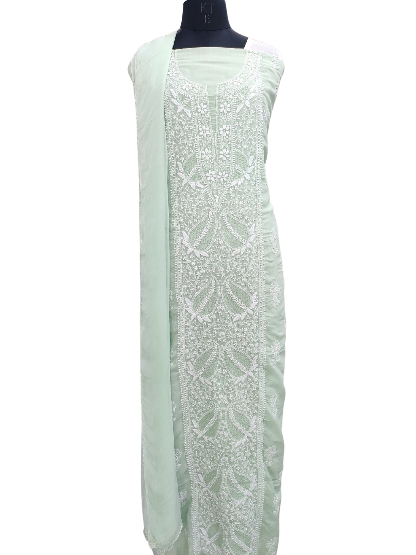 Shyamal Chikan Hand Embroidered Green Cotton Lucknowi Chikankari Unstitched Suit Piece With Jaali Work- S22839