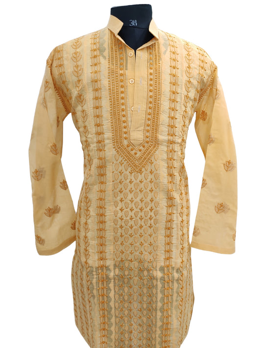 Shyamal Chikan Hand Embroidered Yellow Cotton Lucknowi Chikankari Men's Kurta With Daraz Work S23429