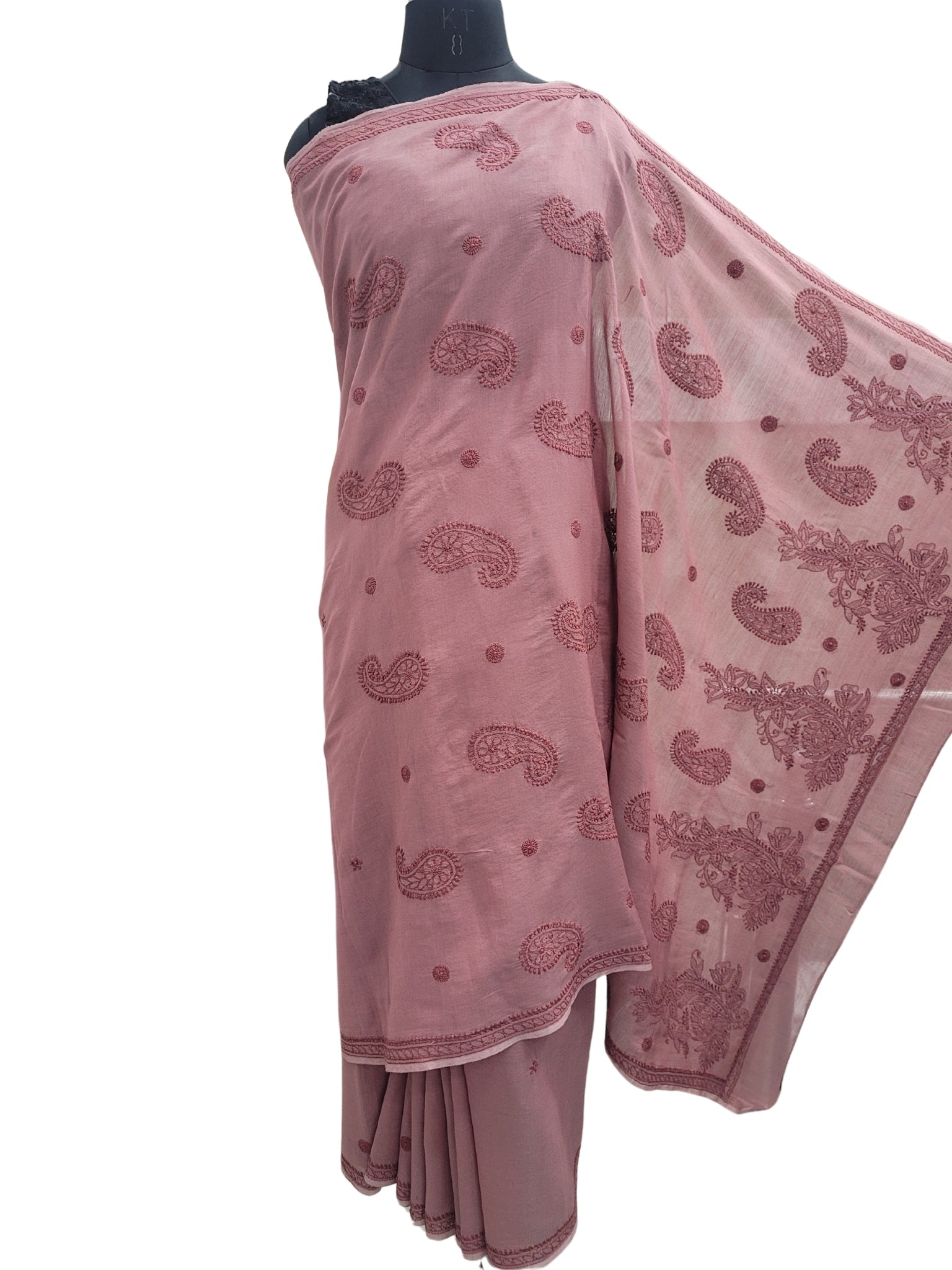 Shyamal Chikan Hand Embroidered Wine Cotton Lucknowi Chikankari Saree With Blouse Piece - S25230