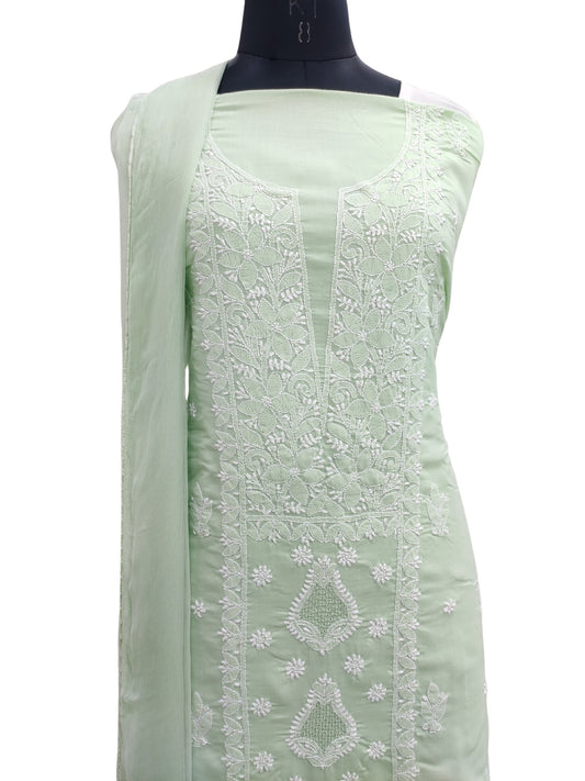 Shyamal Chikan Hand Embroidered Green Cotton Lucknowi Chikankari Unstitched Suit Piece With Jaali Work - S25032