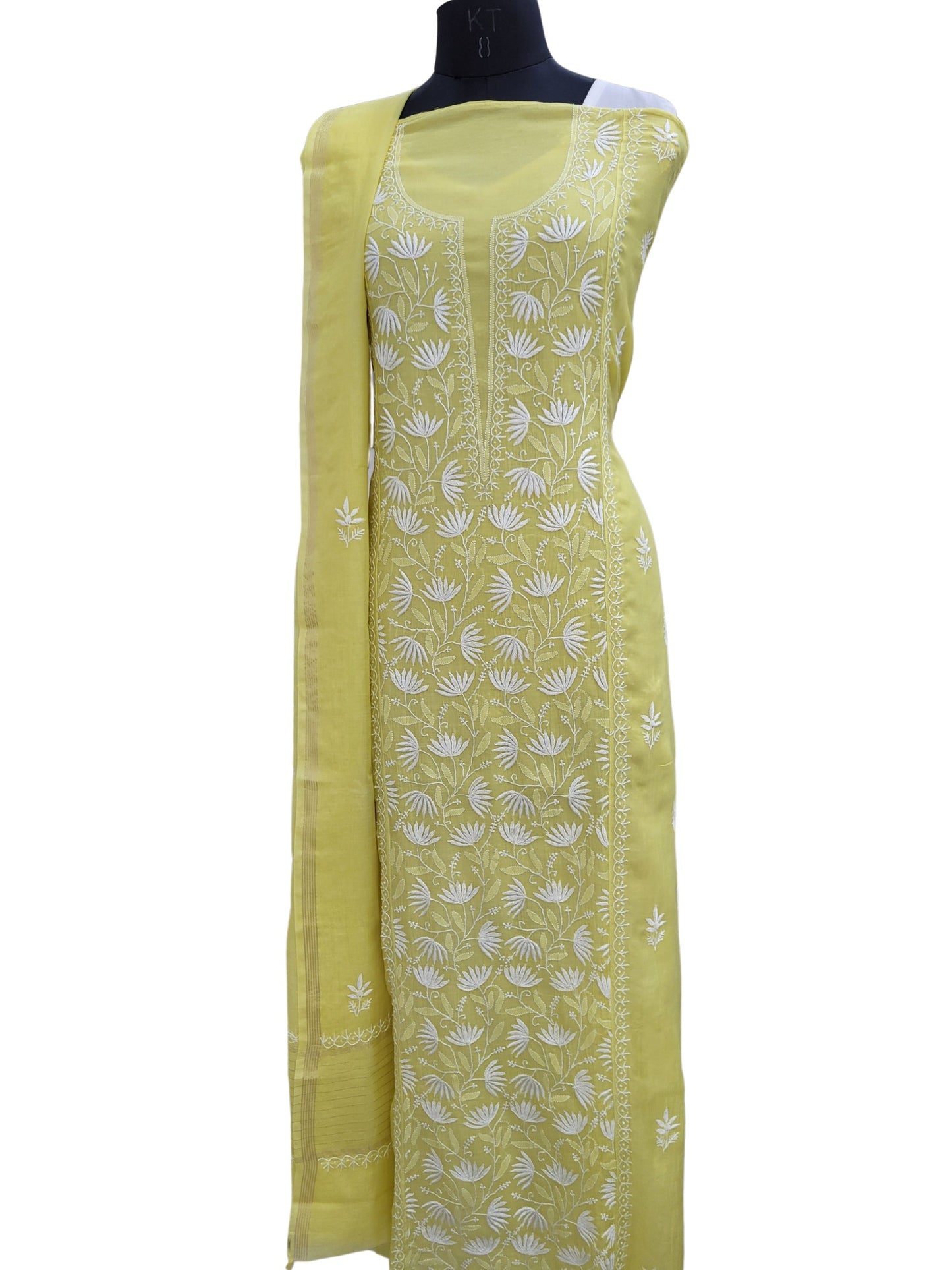 Shyamal Chikan Hand Embroidered Yellow Mul Chanderi Lucknowi Chikankari Semi Stitched Suit Piece (Kurta Dupatta Set) - S23982