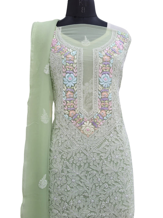 Shyamal Chikan Hand Embroidered Green Georgette Lucknowi Chikankari Unstitched Suit Piece With Parsi Work - S24388