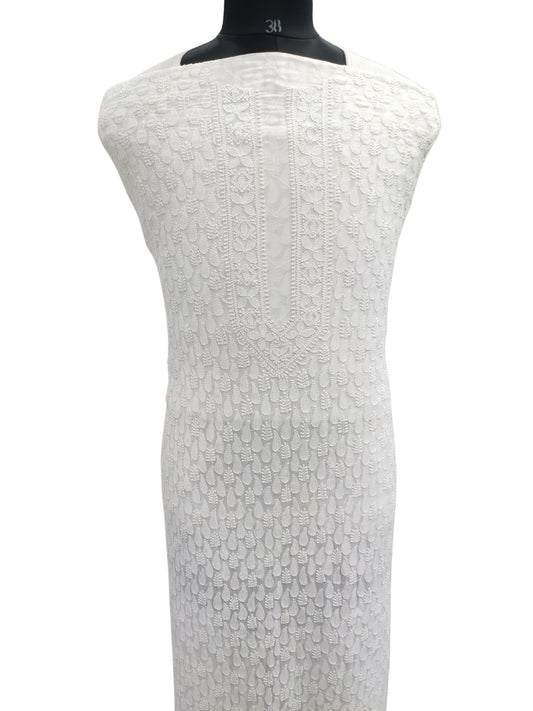 Shyamal Chikan Hand Embroidered White Viscose Georgette Lucknowi All-Over Chikankari Unstitched Men's Kurta Piece – S26091