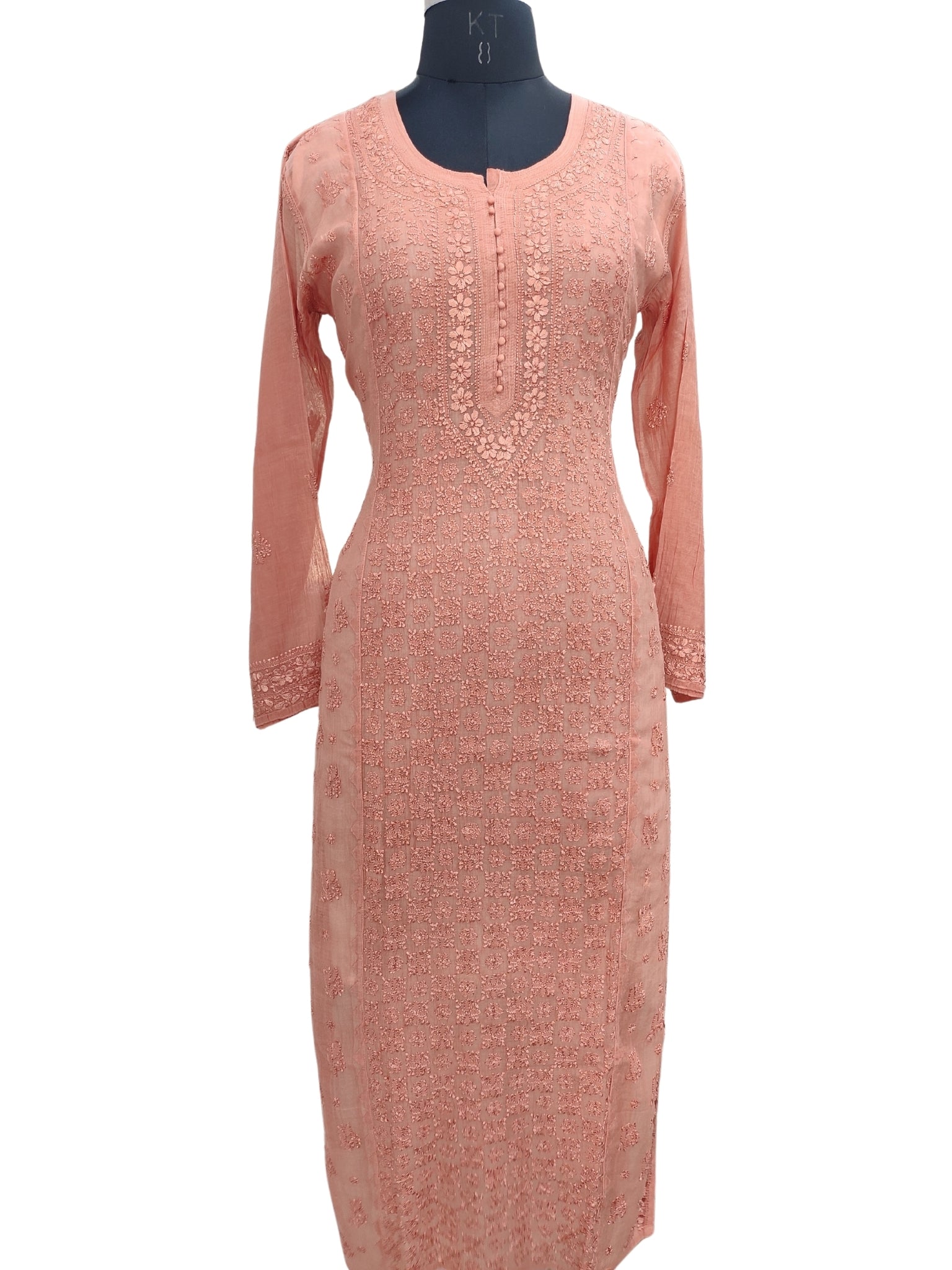 Shyamal Chikan Hand Embroidered Copper Mul Chanderi Lucknowi Chikankari Kurti - 23916