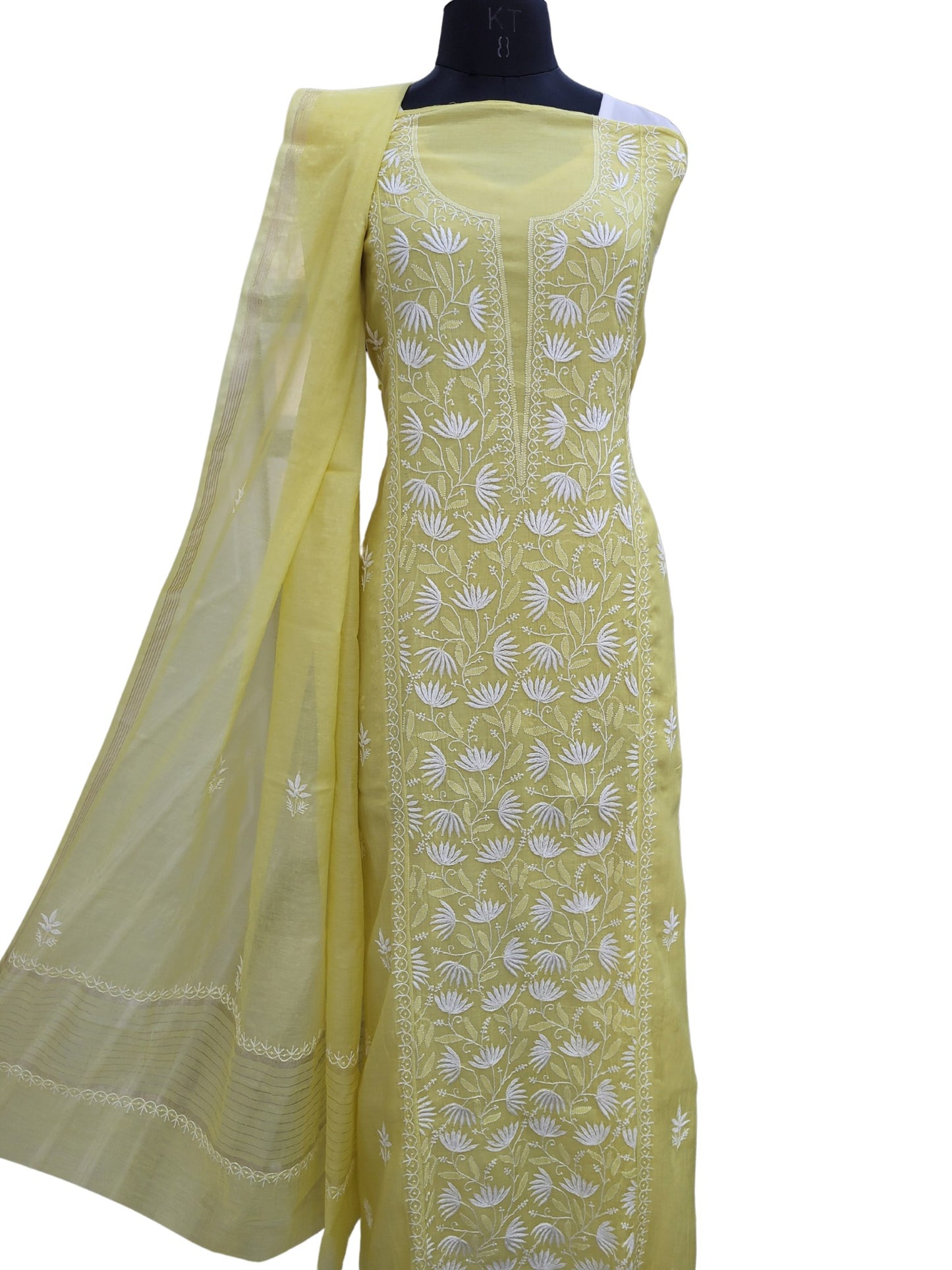 Shyamal Chikan Hand Embroidered Yellow Mul Chanderi Lucknowi Chikankari Semi Stitched Suit Piece (Kurta Dupatta Set)