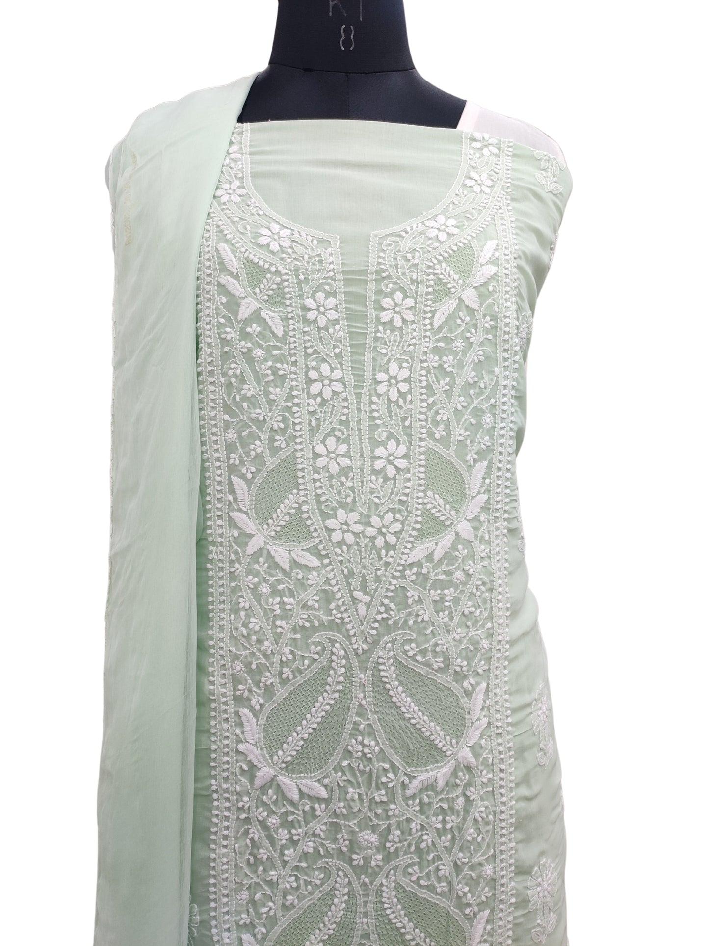 Shyamal Chikan Hand Embroidered Green Cotton Lucknowi Chikankari Unstitched Suit Piece With Jaali Work- S22839