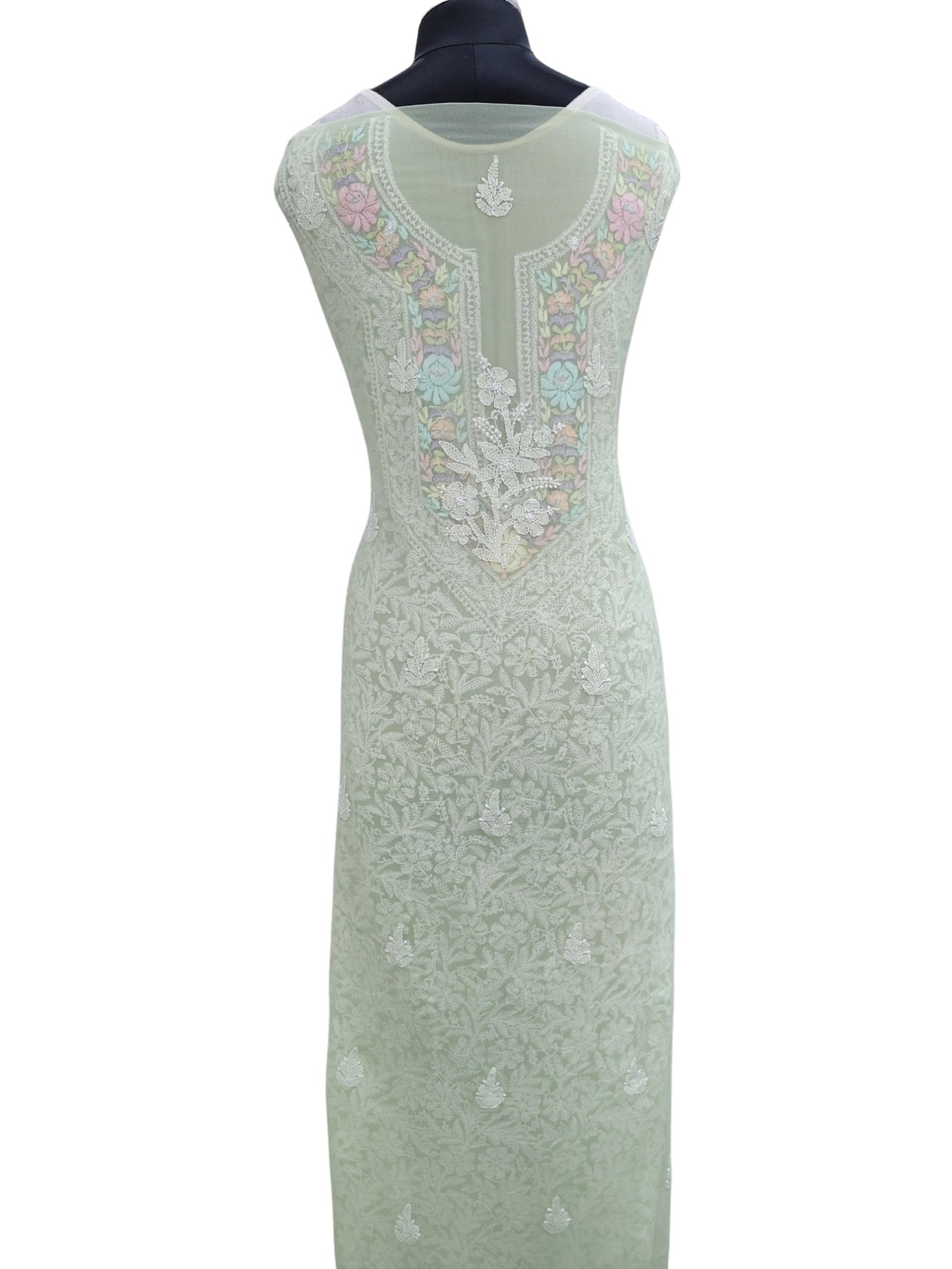 Shyamal Chikan Hand Embroidered Green Georgette Lucknowi Chikankari Unstitched Suit Piece With Parsi Work - S24388