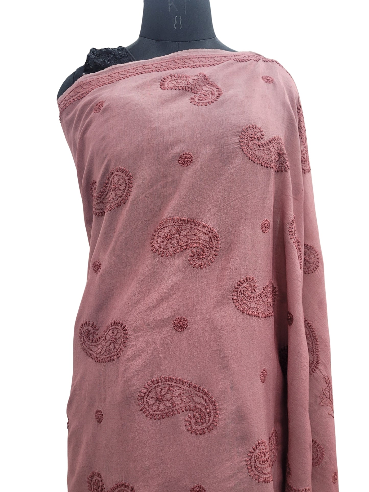 Shyamal Chikan Hand Embroidered Wine Cotton Lucknowi Chikankari Saree With Blouse Piece - S25230