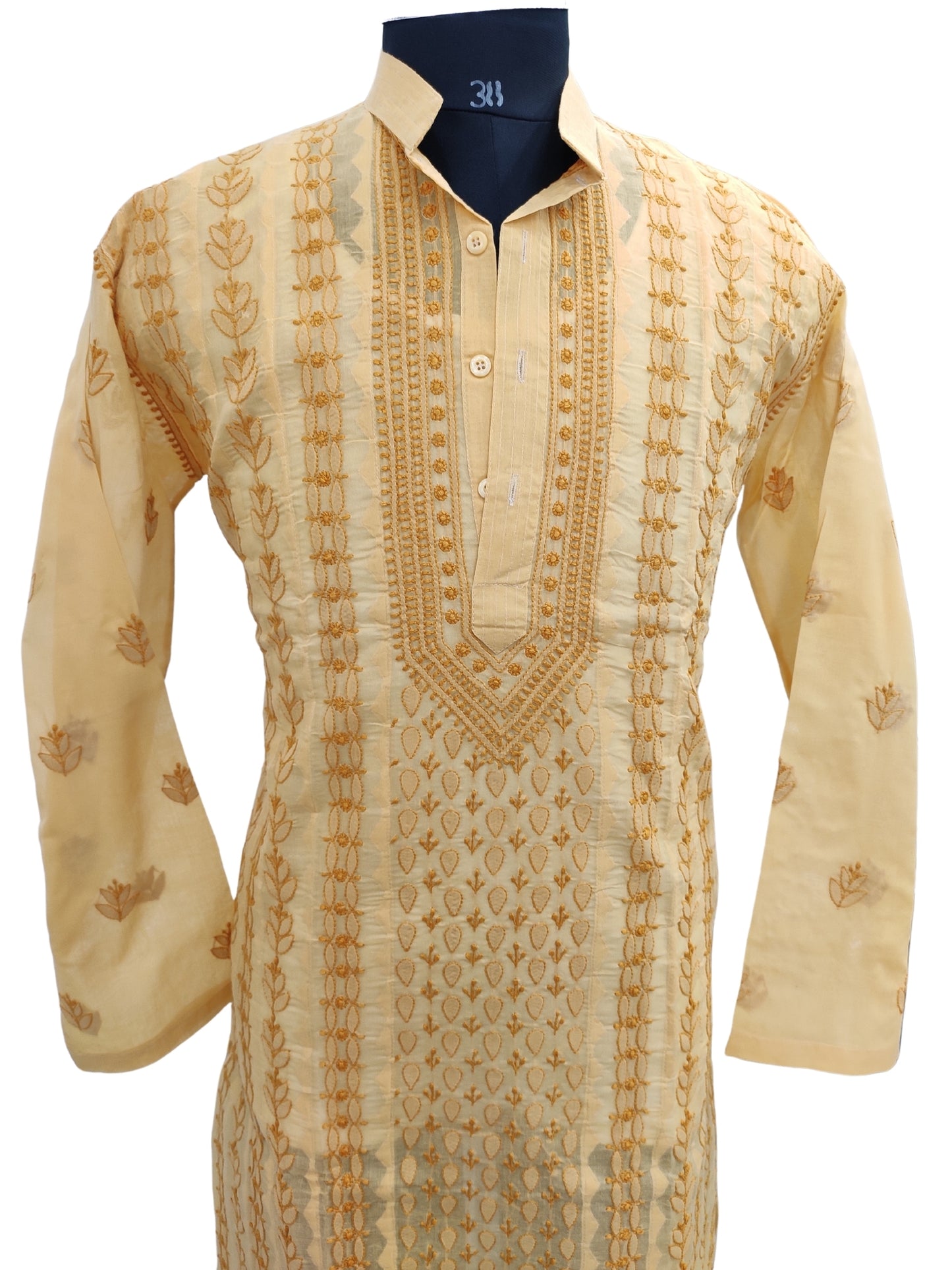 Shyamal Chikan Hand Embroidered Yellow Cotton Lucknowi Chikankari Men's Kurta With Daraz Work S23429