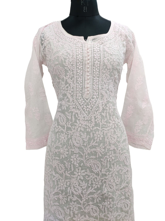 Shyamal Chikan Hand Embroidered Pink Kota Cotton Lucknowi Chikankari Kurti- S20503