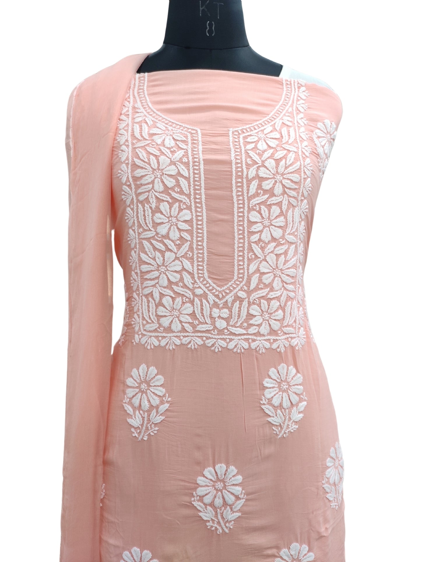 Shyamal Chikan Hand Embroidered Peach Modal Lucknowi Chikankari Unstitched Suit Piece - S24736