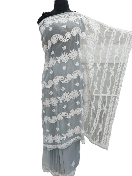 Shyamal Chikan Hand Embroidered Grey Georgette Lucknowi Chikankari Saree With Blouse Piece - S21323