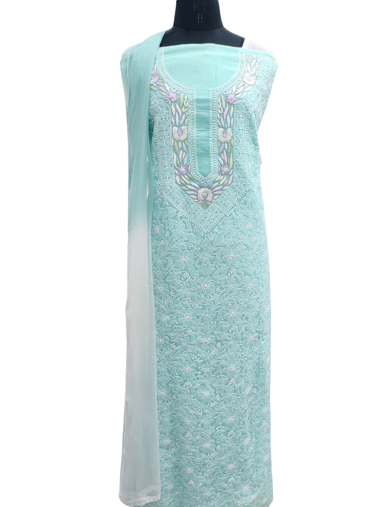 Shyamal Chikan Hand Embroidered Sea Green Cotton Lucknowi Chikankari Unstitched Suit Piece With Parsi Work - S21498