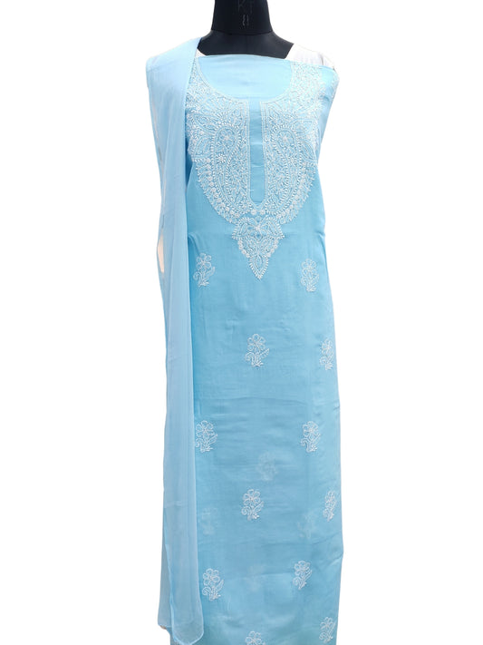 Shyamal Chikan Hand Embroidered Blue Cotton Lucknowi Chikankari Unstitched Suit Piece 24085