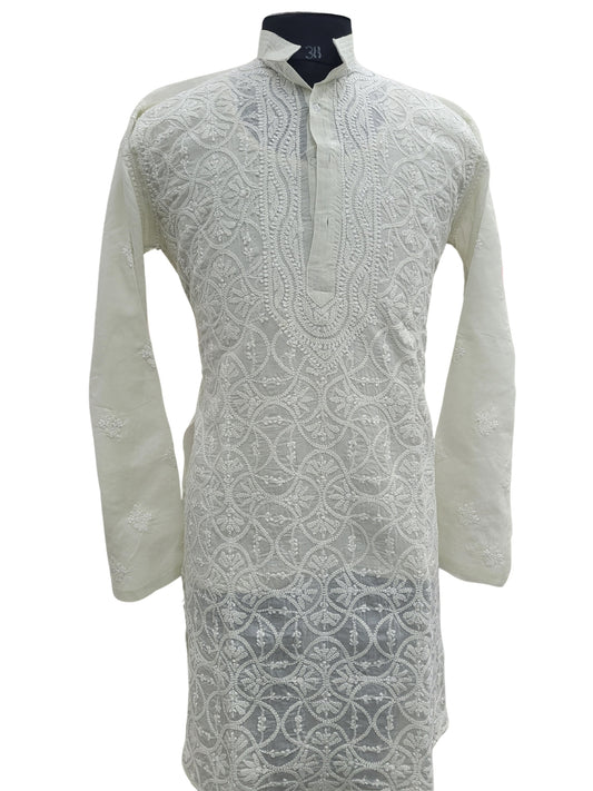 Shyamal Chikan Hand Embroidered Light Green Cotton Lucknowi Chikankari Men's Kurta –S24859