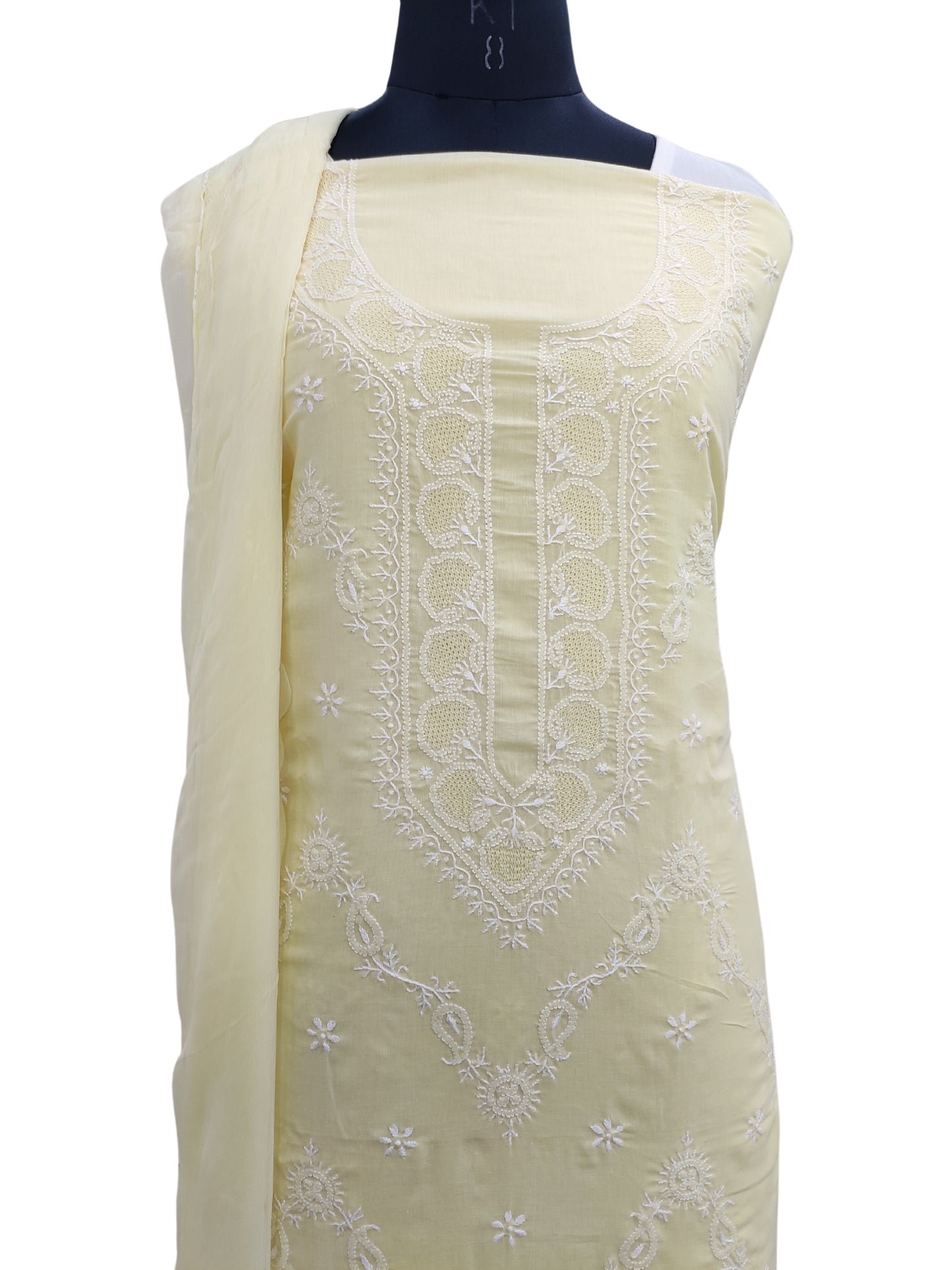 Shyamal Chikan Hand Embroidered Yellow Pure Cotton Lucknowi Chikankari Unstitched Suit Piece - S22540
