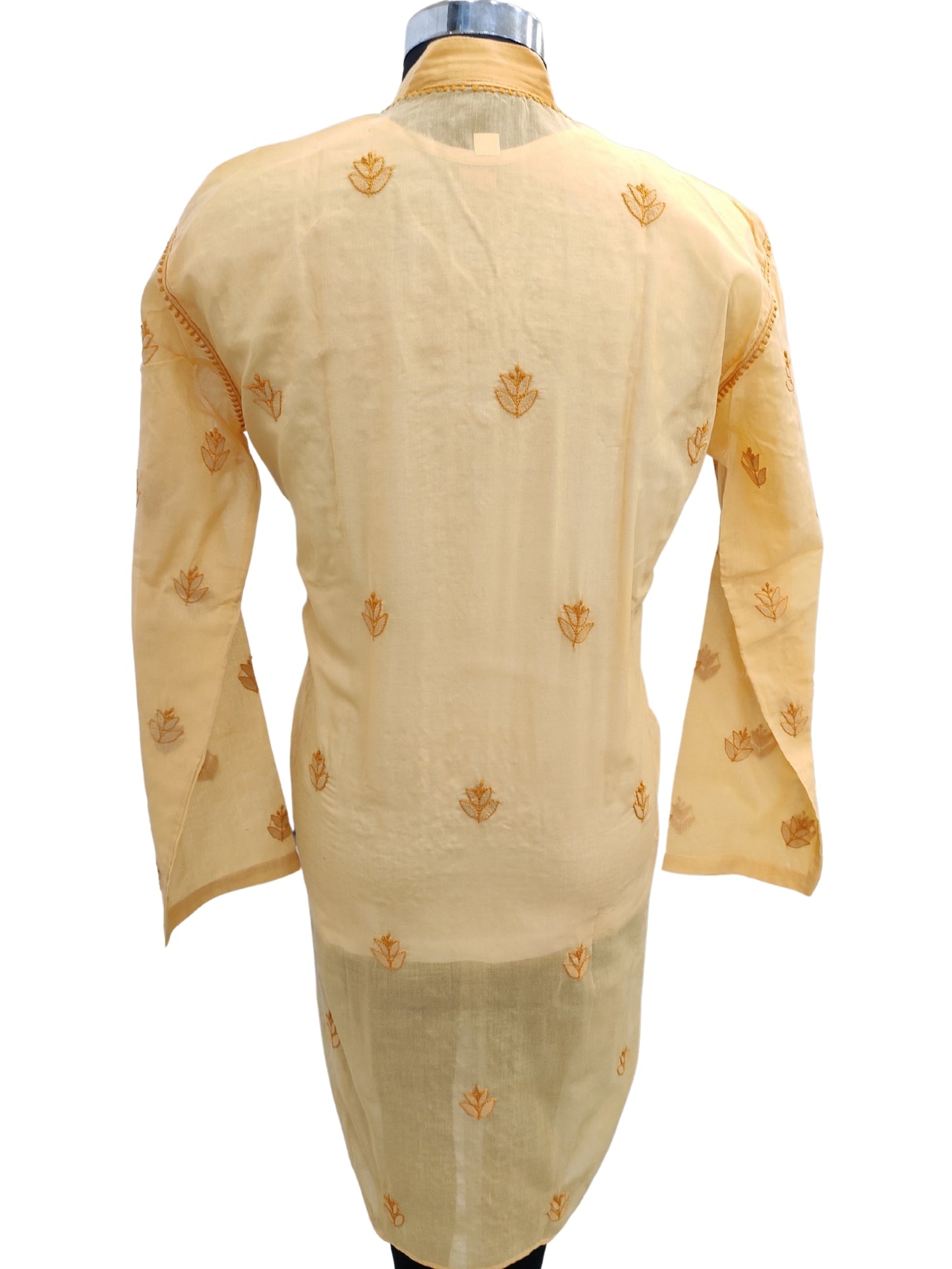 Shyamal Chikan Hand Embroidered Yellow Cotton Lucknowi Chikankari Men's Kurta With Daraz Work S23429