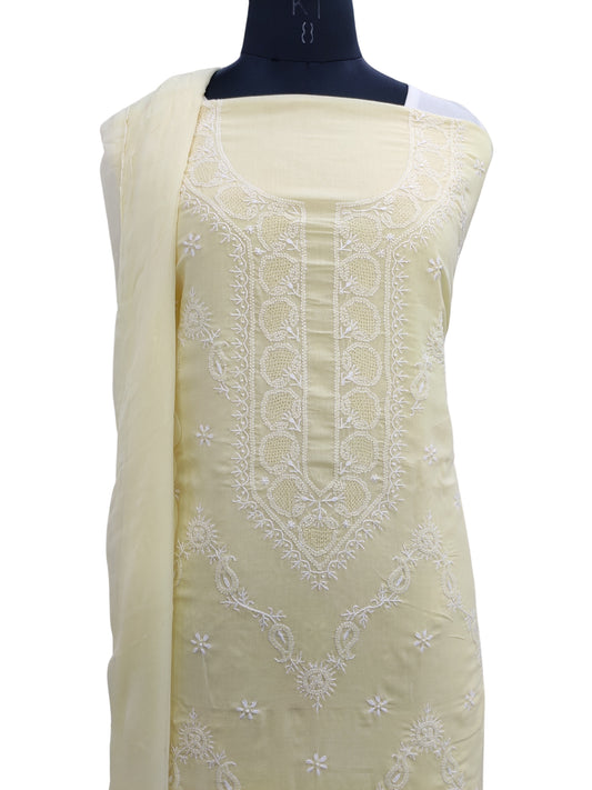 Shyamal Chikan Hand Embroidered Yellow Pure Cotton Lucknowi Chikankari Unstitched Suit Piece - S22540