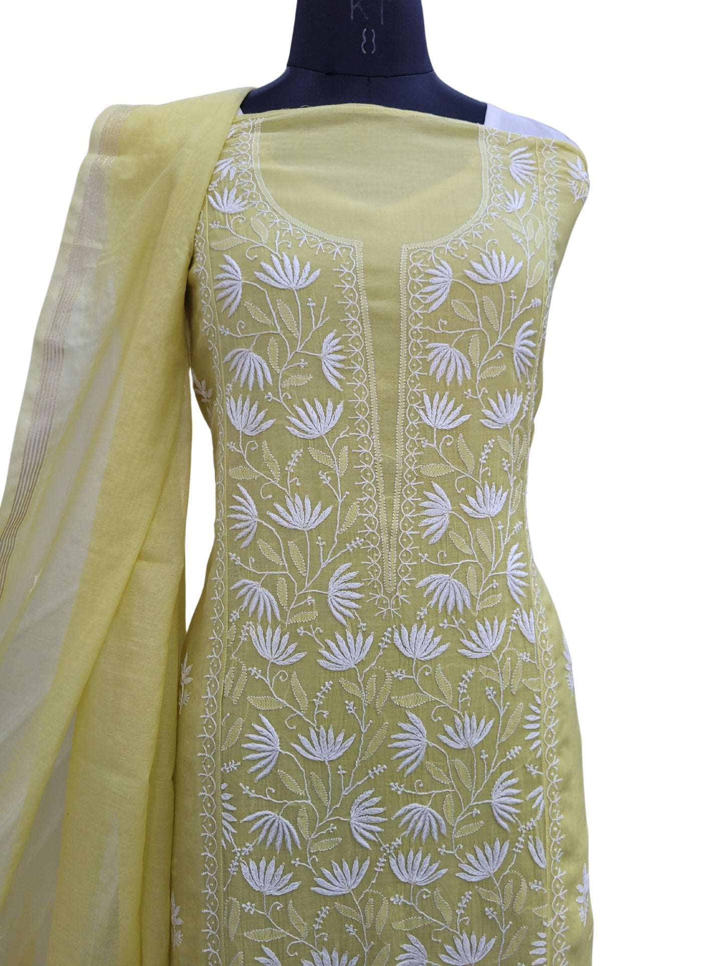 Shyamal Chikan Hand Embroidered Yellow Mul Chanderi Lucknowi Chikankari Semi Stitched Suit Piece (Kurta Dupatta Set) - S23982