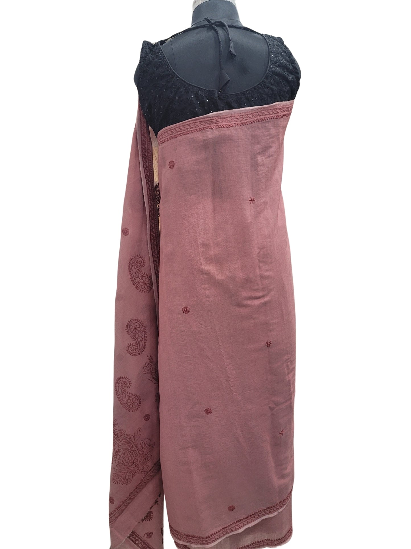 Shyamal Chikan Hand Embroidered Wine Cotton Lucknowi Chikankari Saree With Blouse Piece - S25230