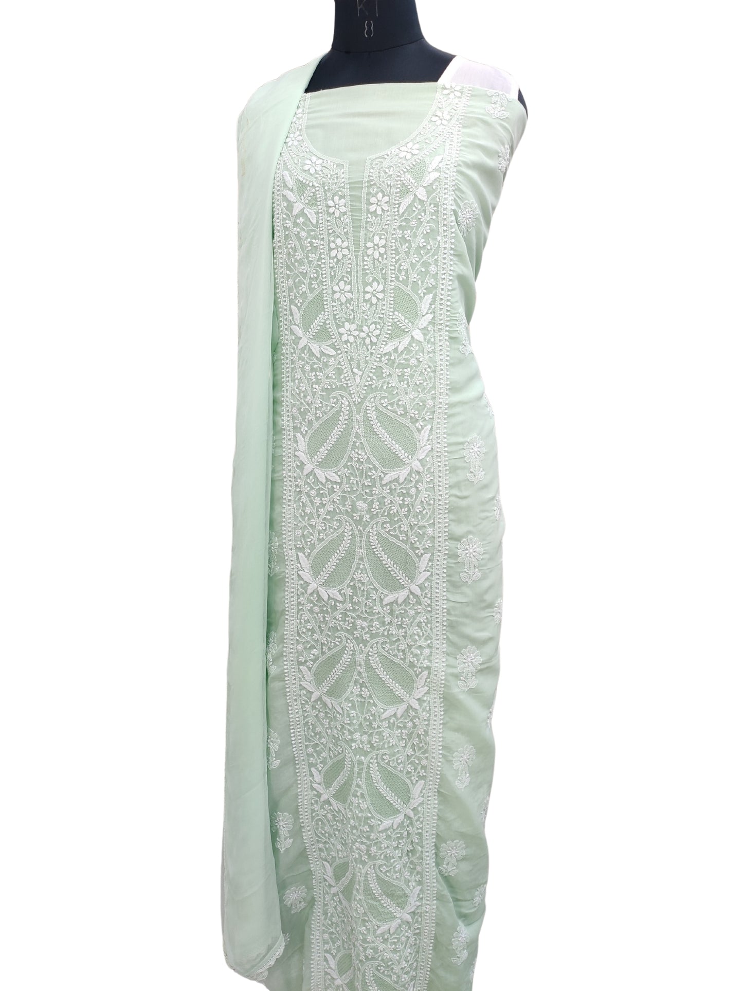 Shyamal Chikan Hand Embroidered Green Cotton Lucknowi Chikankari Unstitched Suit Piece With Jaali Work- S22839