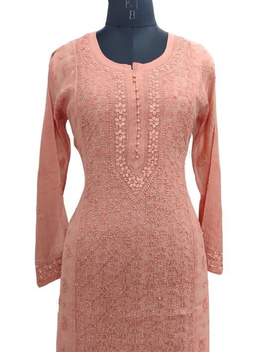 Shyamal Chikan Hand Embroidered Copper Mul Chanderi Lucknowi Chikankari Kurti - 23916