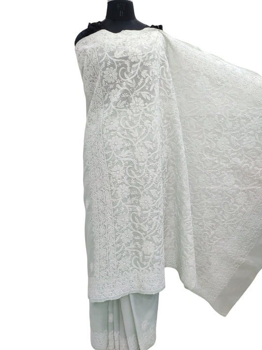 Shyamal Chikan Hand Embroidered Green Cotton Lucknowi Chikankari Heavy Palla Saree With Blouse Piece- S22533