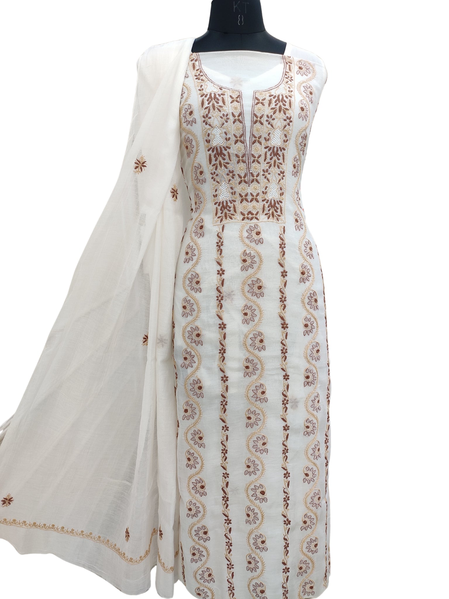 Shyamal Chikan Hand Embroidered White Mul Chanderi Lucknowi Chikankari Unstitched Suit Piece (Kurta Dupatta Set) - S22964