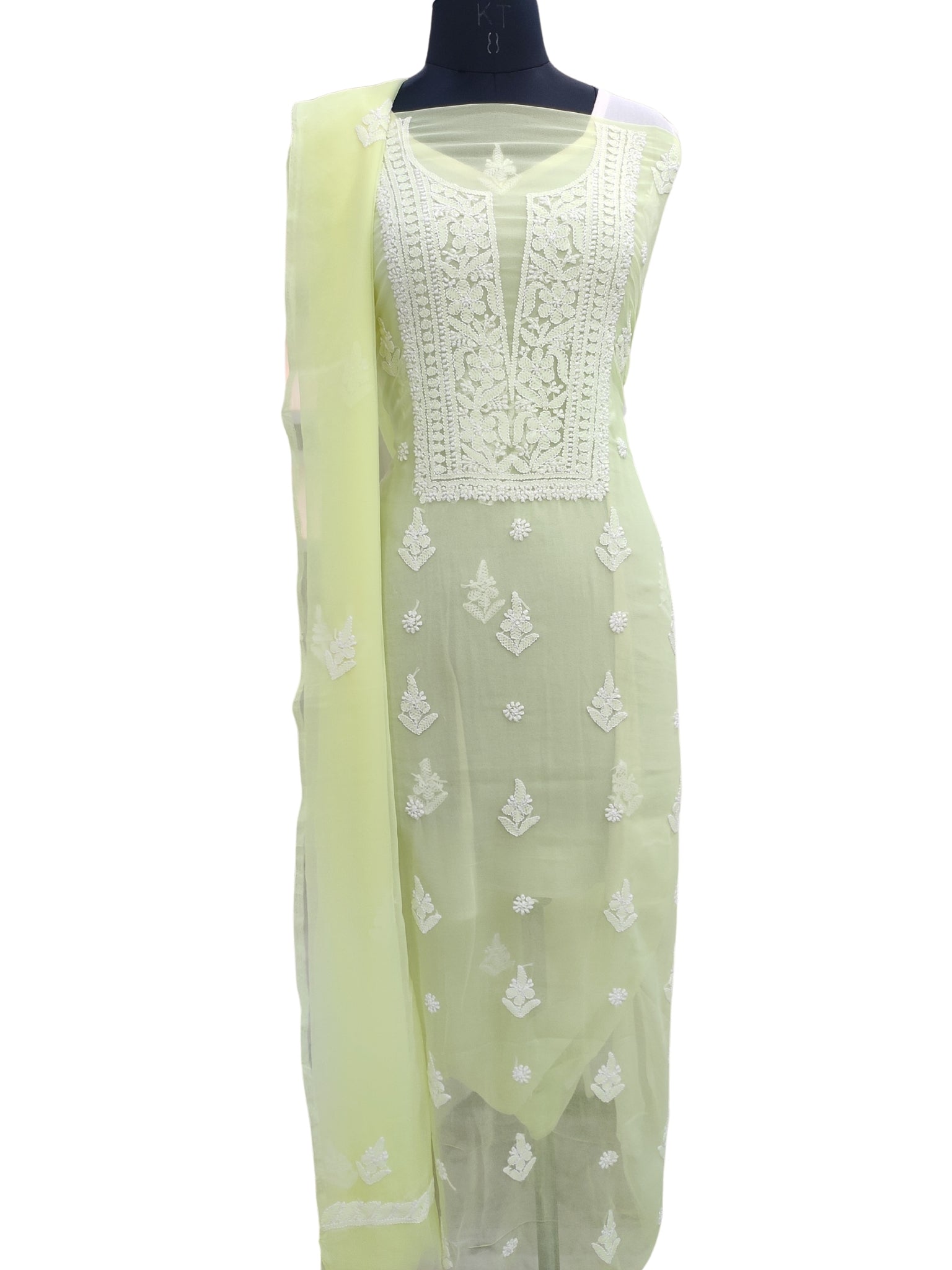 Shyamal Chikan Hand Embroidered Lemon Georgette Lucknowi Chikankari Unstitched Suit Piece - S23145