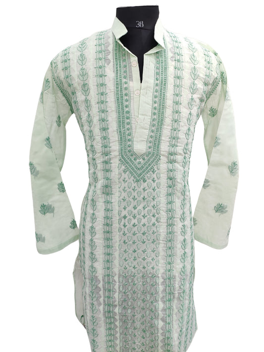 Shyamal Chikan Hand Embroidered Green Cotton Lucknowi Chikankari Men's Kurta With Daraz Work S23434