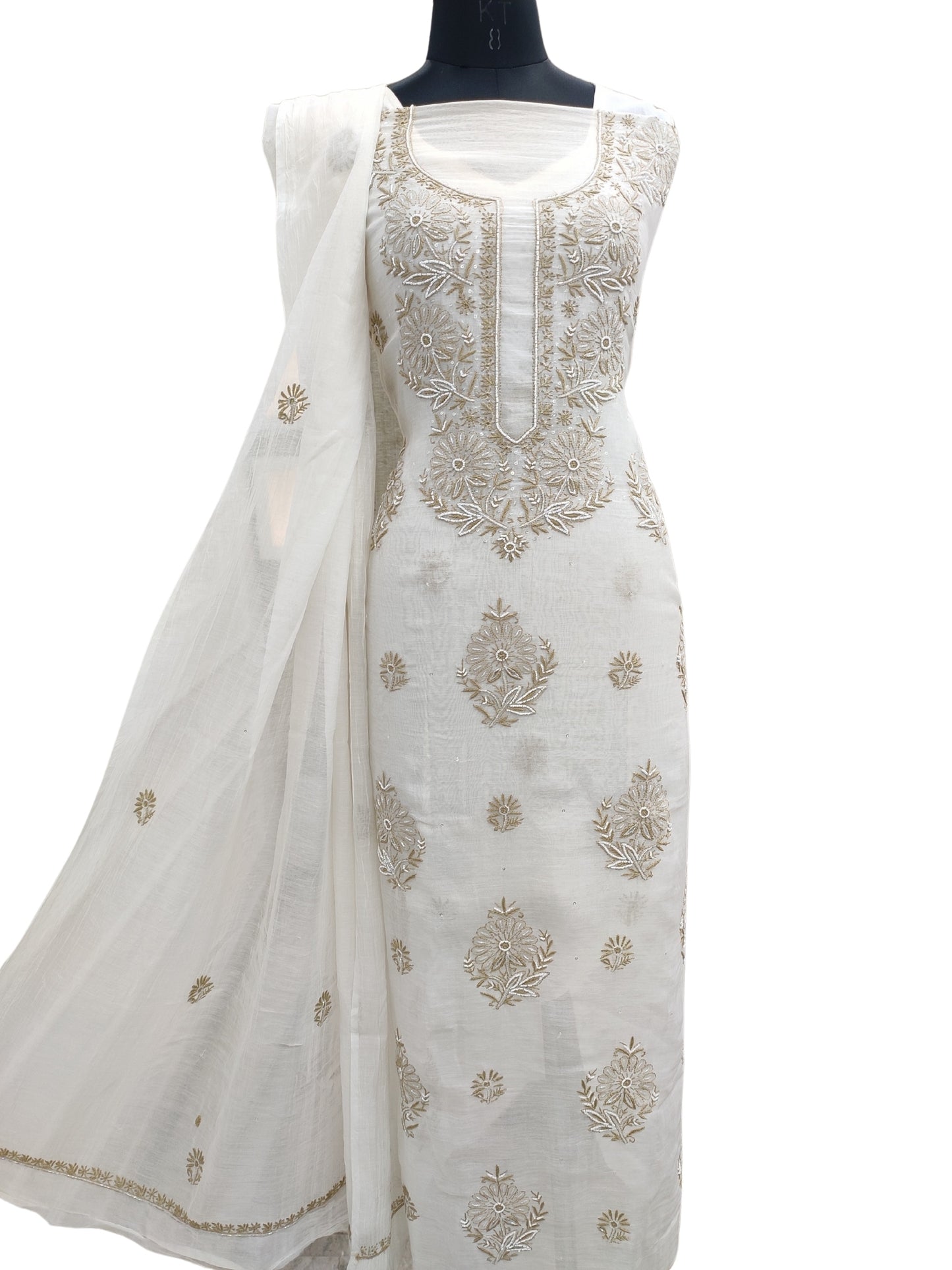 Shyamal Chikan Hand Embroidered White Mul Chanderi Lucknowi Chikankari Unstitched Suit Piece with Cutdana & Sequin Work (Kurta Dupatta Set) 23703