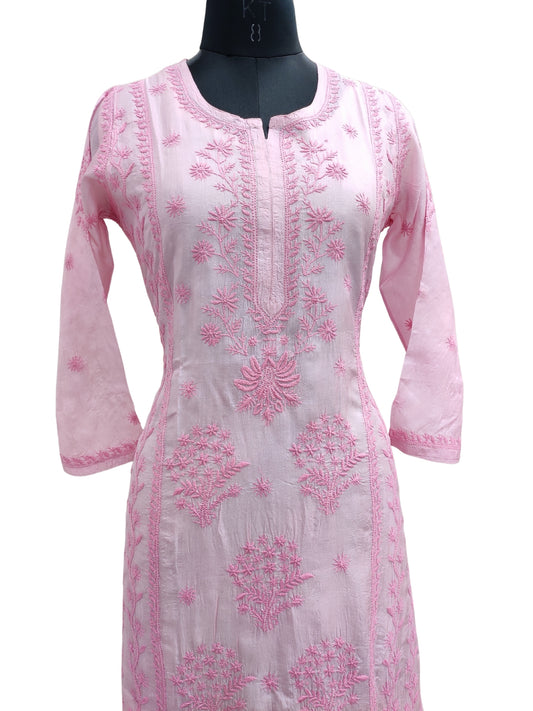 Shyamal Chikan Hand Embroidered Pink Pure Tusser Silk Lucknowi Chikankari Kurti- S26684