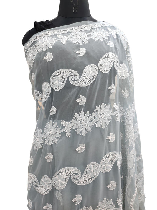 Shyamal Chikan Hand Embroidered Grey Georgette Lucknowi Chikankari Saree With Blouse Piece - S21323