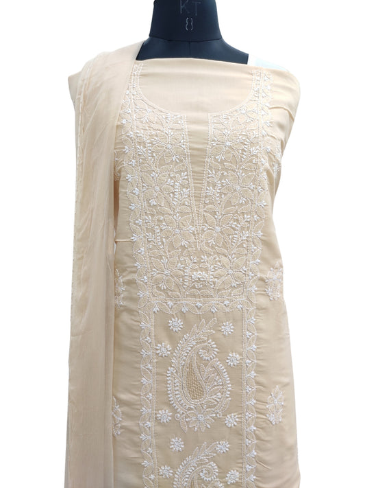 Shyamal Chikan Hand Embroidered Beige Cotton Lucknowi Chikankari Unstitched Suit Piece With Jaali Work - S25031