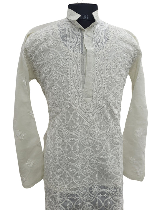 Shyamal Chikan Hand Embroidered Light Green Cotton Lucknowi Chikankari Men's Kurta –S24859