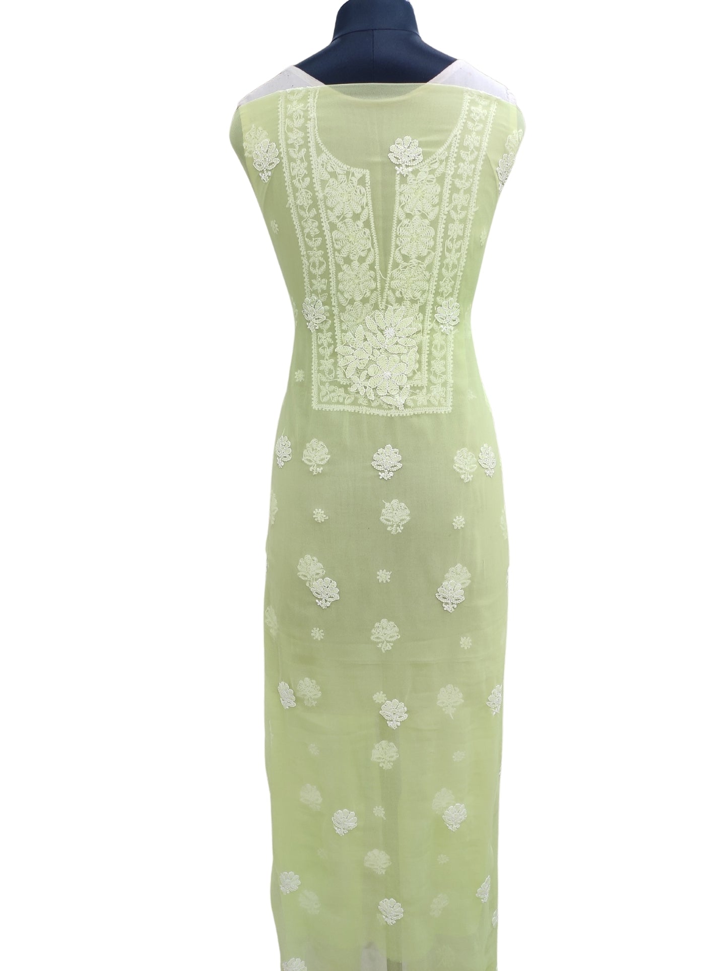 Shyamal Chikan Hand Embroidered Green Georgette Lucknowi Chikankari Unstitched Suit Piece - S21941