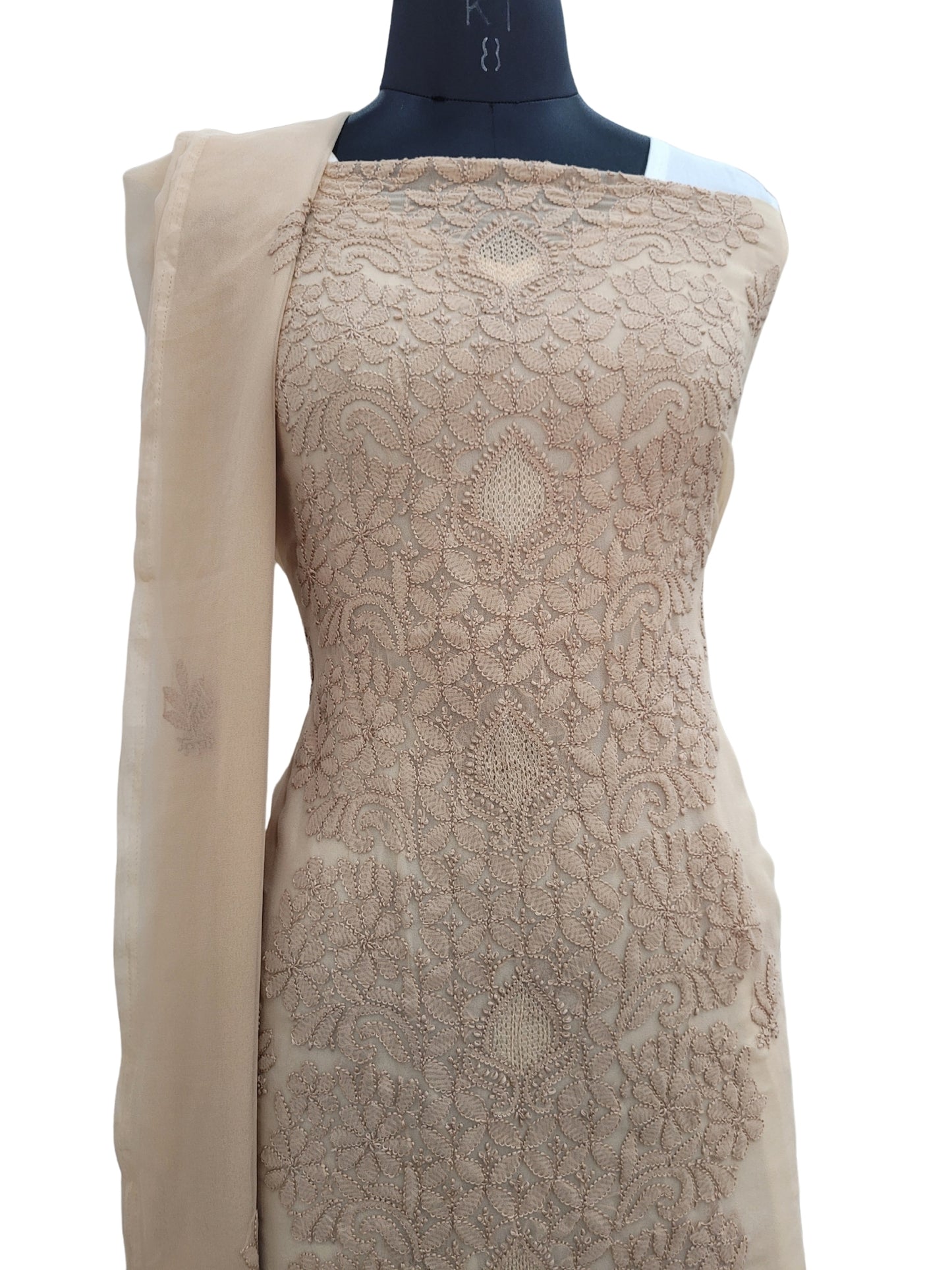 Shyamal Chikan Hand Embroidered Beige Georgette Lucknowi Chikankari Unstitched Suit Piece - S24359