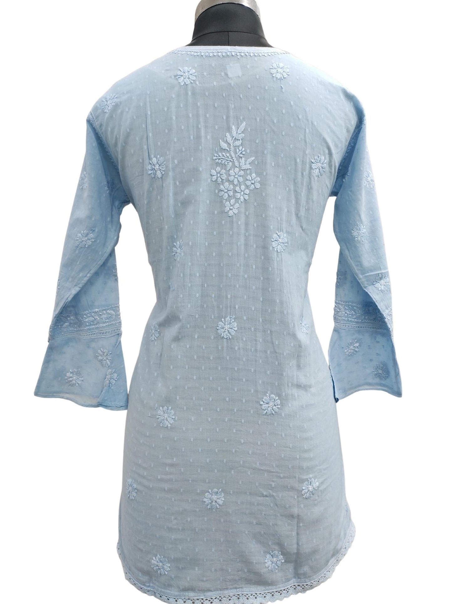 Shyamal Chikan Hand Embroidered Blue Cotton Lucknowi Chikankari Short Top - 20391