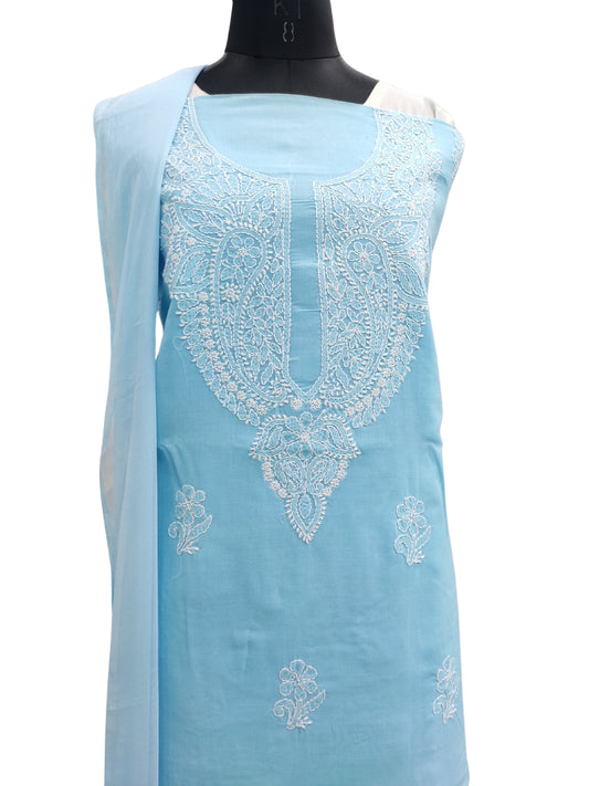 Shyamal Chikan Hand Embroidered Blue Cotton Lucknowi Chikankari Unstitched Suit Piece - S24085