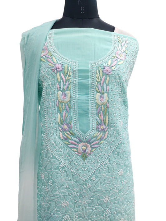 Shyamal Chikan Hand Embroidered Sea Green Cotton Lucknowi Chikankari Unstitched Suit Piece With Parsi Work - S21498